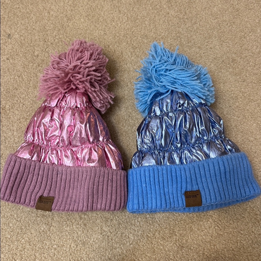 Kids Metallic Pom-Pom Beanie Set - Blue and Pink